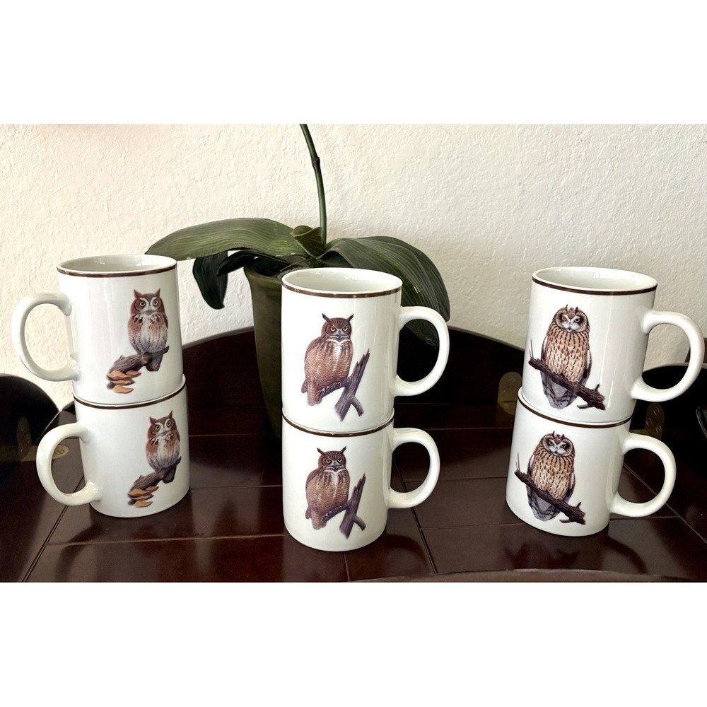 Vtg National Wildlife Federation Owl Mugs Set of 6 Great Horned Screech Long-Ear
